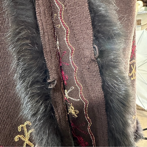 Bohemian Boho L Sweater Cardigan Shacket Merino Wool Rabbit Fut Brown Red Gold - Picture 10 of 16